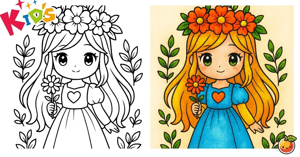 春風のプリンセスの塗り絵（人物の塗り絵）／Spring breeze princess – character coloring page