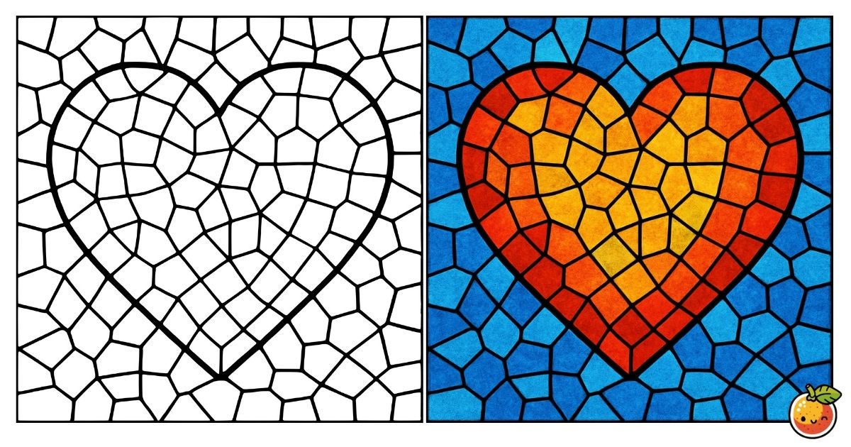 光のハートの塗り絵（ステンドグラスの塗り絵）／Heart of light – stained glass coloring page