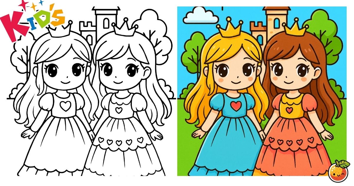 ふたりのプリンセスの塗り絵（子供の塗り絵）／Two princesses – kids coloring page
