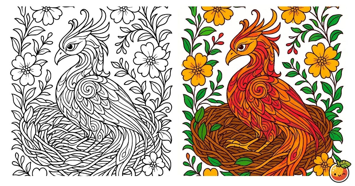 不死鳥の巣の塗り絵（鳥の塗り絵）／Nest of the phoenix – bird coloring page