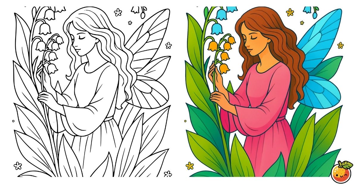 スズランの妖精の塗り絵（ファンタジーの塗り絵）／Lily of the valley fairy – fantasy coloring page