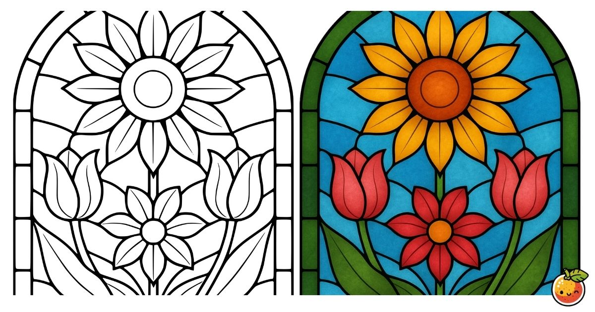 チューリップとひまわりの塗り絵（ステンドグラスの塗り絵）／Tulips and sunflowers – stained glass coloring page