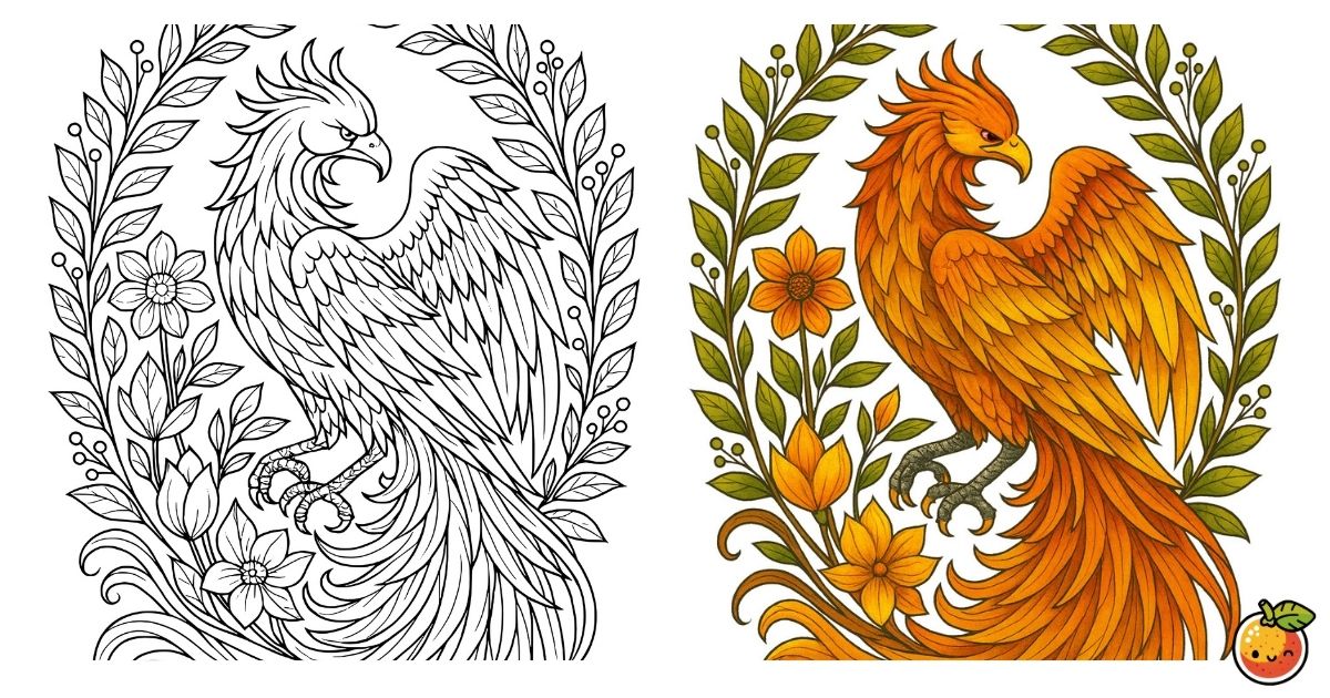 再誕の翼の塗り絵（鳥の塗り絵）／Wings of rebirth – bird coloring page
