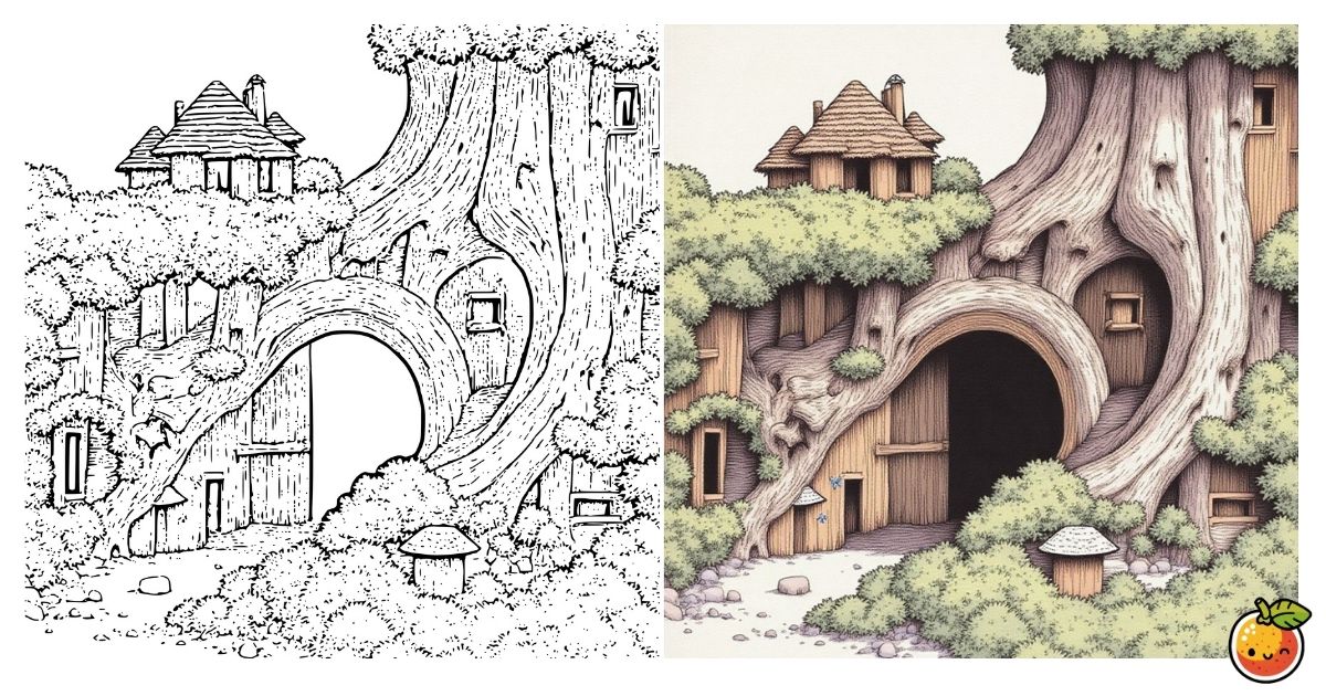 森の息づく家の塗り絵（建造物の塗り絵）／House breathing in the forest – building coloring page