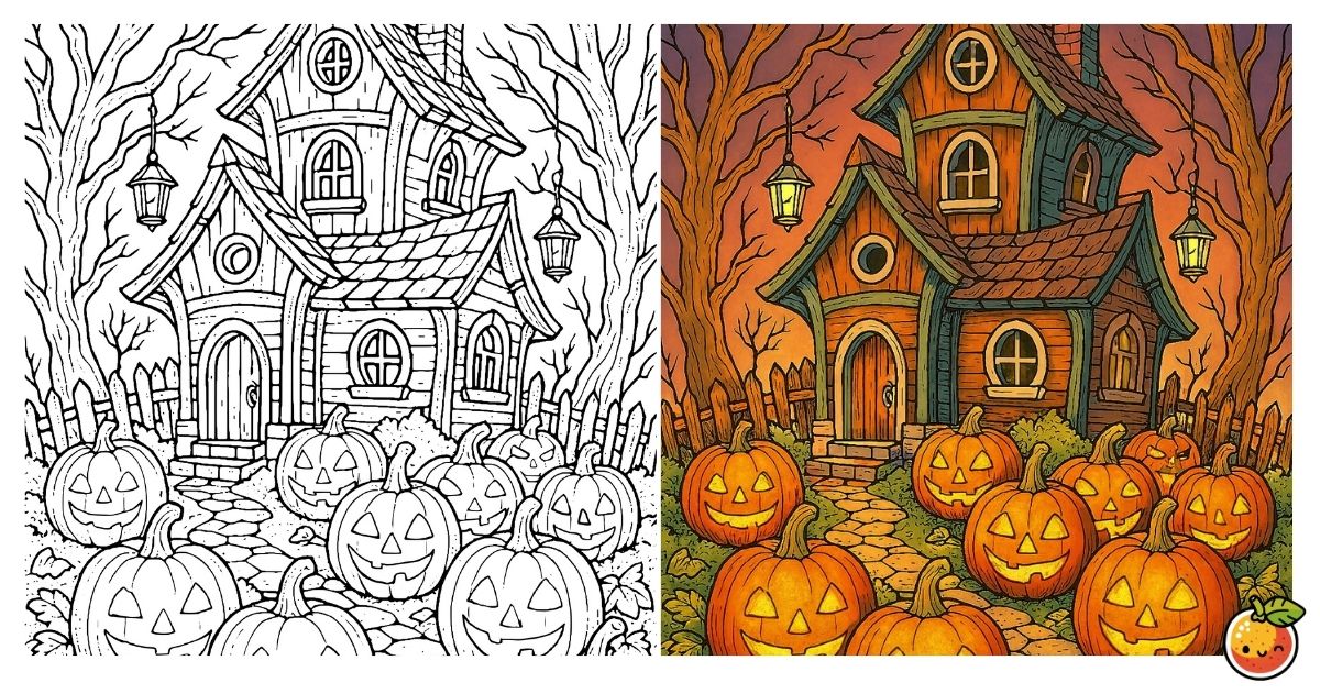 ハロウィンの夜のかぼちゃ屋敷の塗り絵（建造物の塗り絵）／Pumpkin mansion on Halloween night – building coloring page