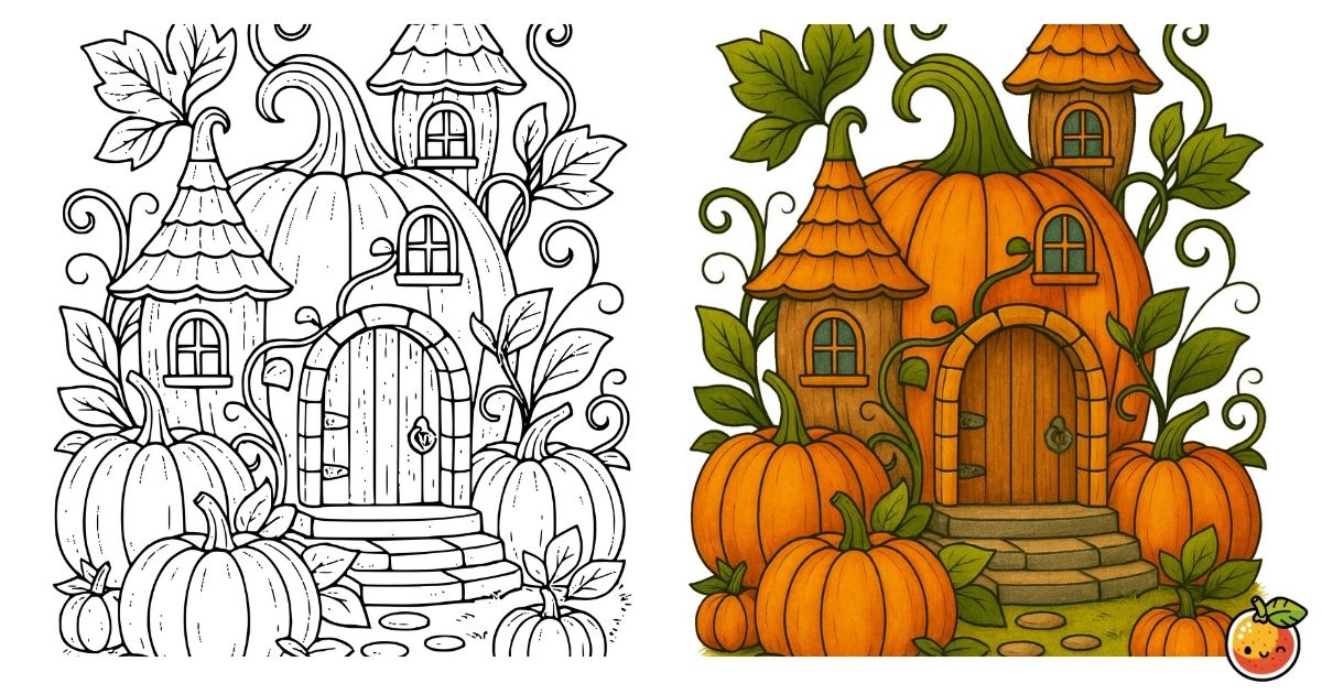 カボチャでできた家の塗り絵（ハロウィンの塗り絵）／House made of pumpkins – Halloween coloring page