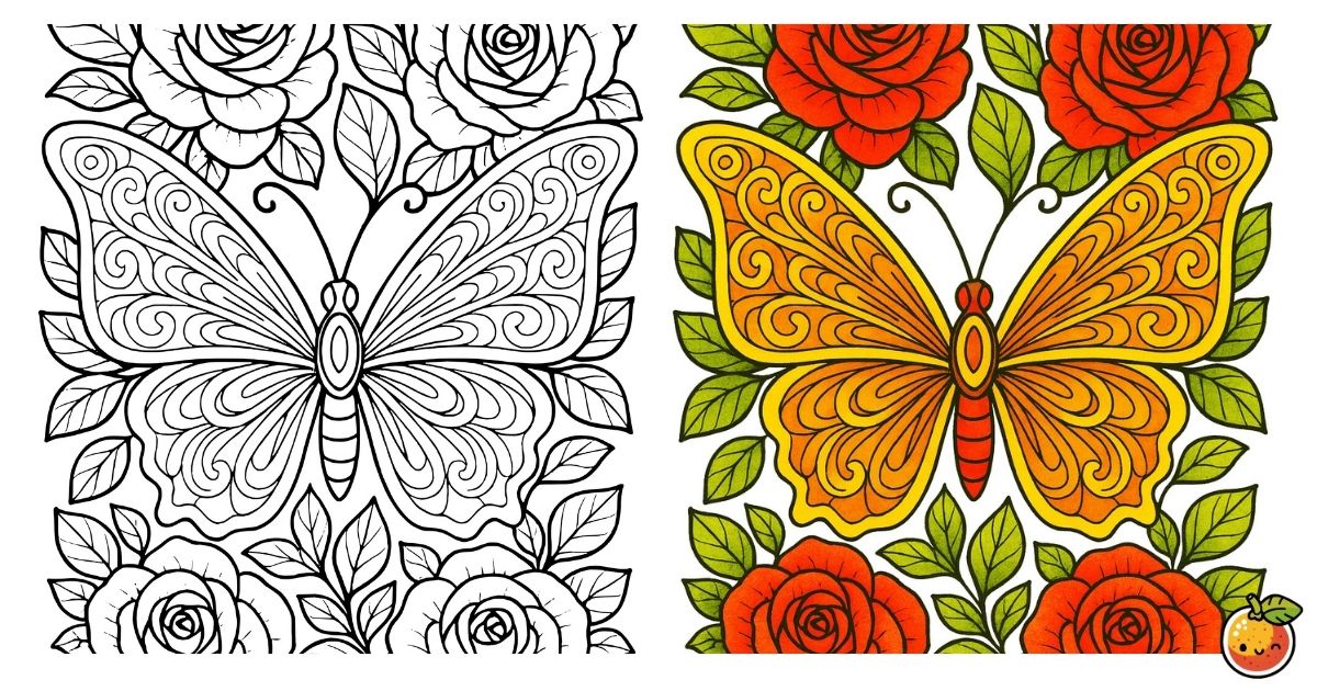 薔薇と黄金の蝶の塗り絵（昆虫の塗り絵）／Rose and golden butterfly – insect coloring page