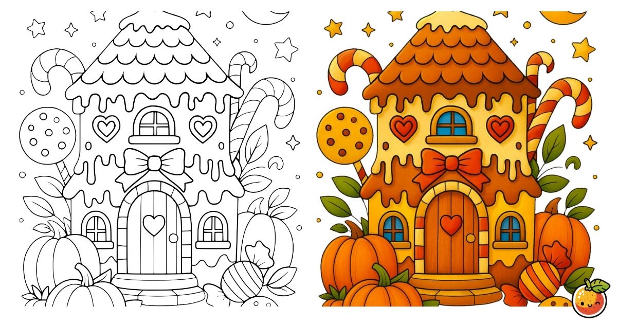 お菓子とかぼちゃの家の塗り絵（ハロウィンの塗り絵）／Candy and pumpkin house – Halloween coloring page
