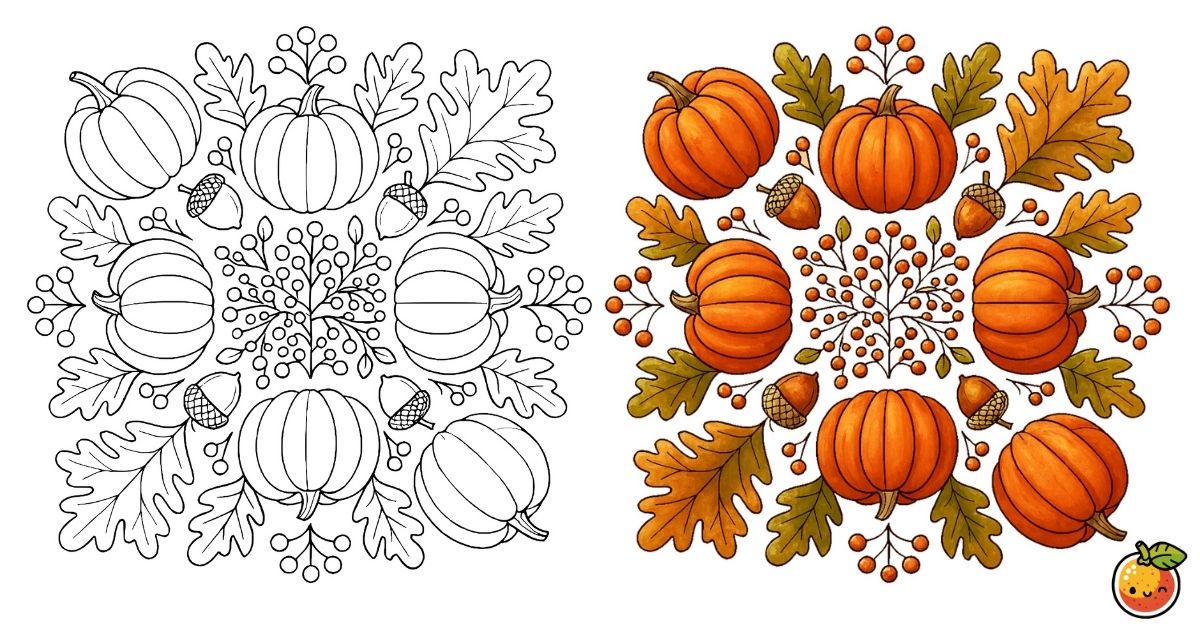 かぼちゃとどんぐりの季節の塗り絵（曼荼羅の塗り絵）／Season of pumpkins and acorns – mandala coloring page