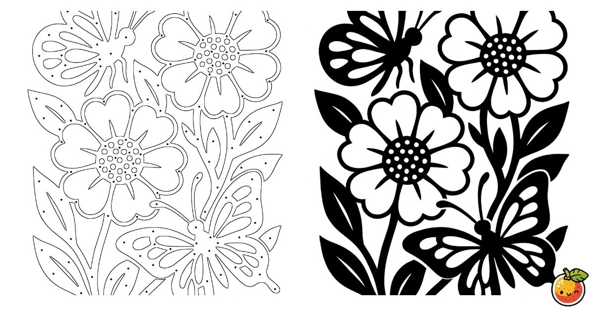 花と蝶の塗り絵（モノクロの塗り絵）／Flowers and butterflies – monochrome coloring page