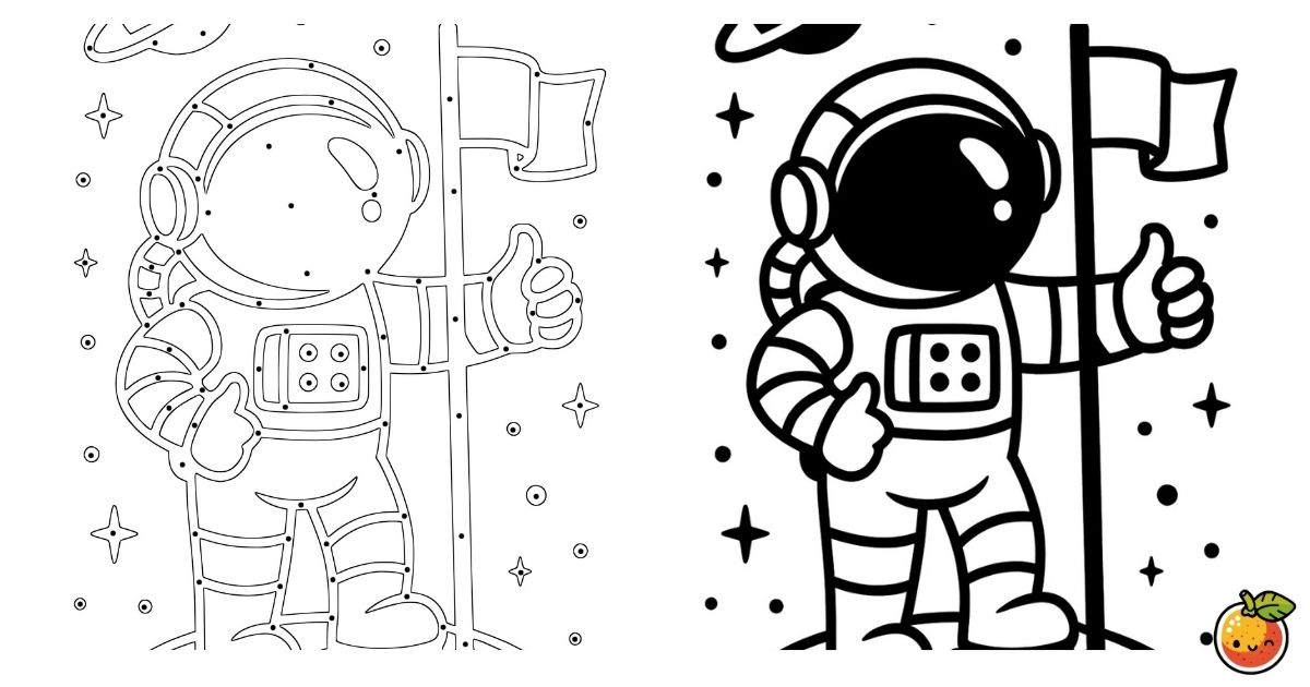 宇宙飛行士と月の旗の塗り絵（モノクロの塗り絵）／Astronaut and flag on the moon – monochrome coloring page