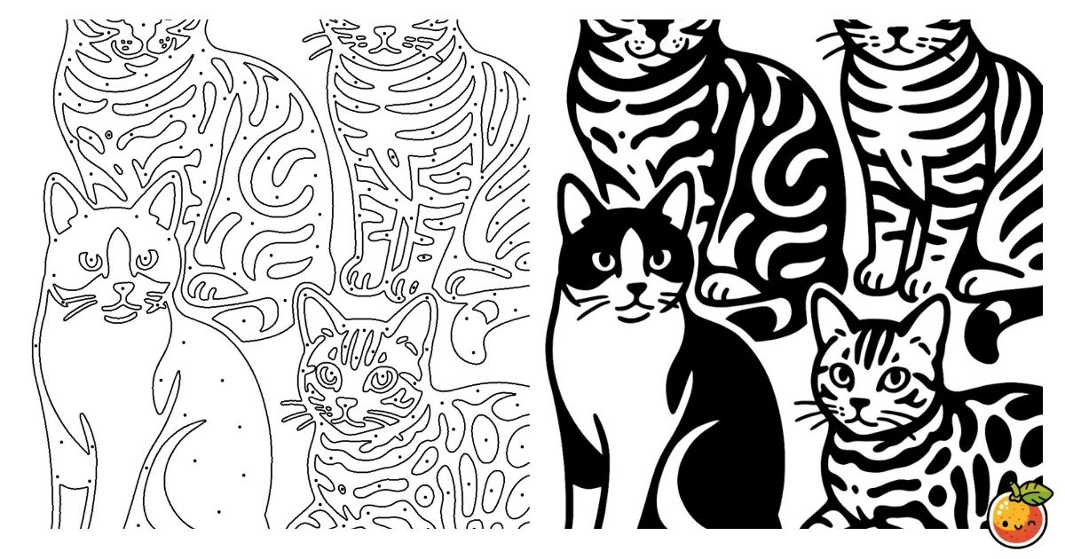 ねこの集会の塗り絵（モノクロの塗り絵）／Gathering of cats – monochrome coloring page
