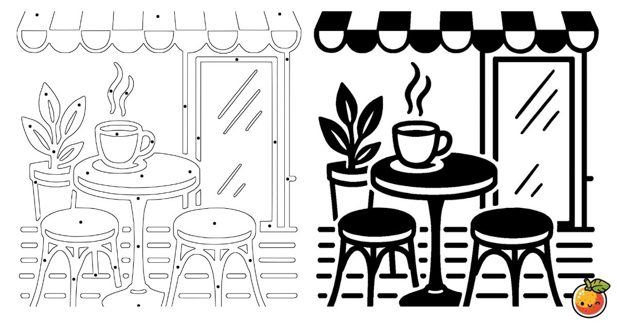 くつろぎのカフェの塗り絵（モノクロの塗り絵）／Relaxing café – monochrome coloring page