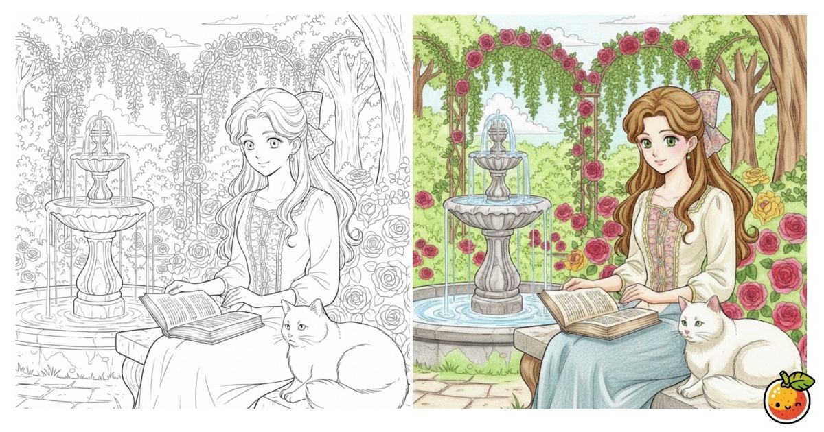 猫と本と秘密の庭の塗り絵（クラシカルアニメの塗り絵）／Cat, books, and secret garden – classical anime coloring page