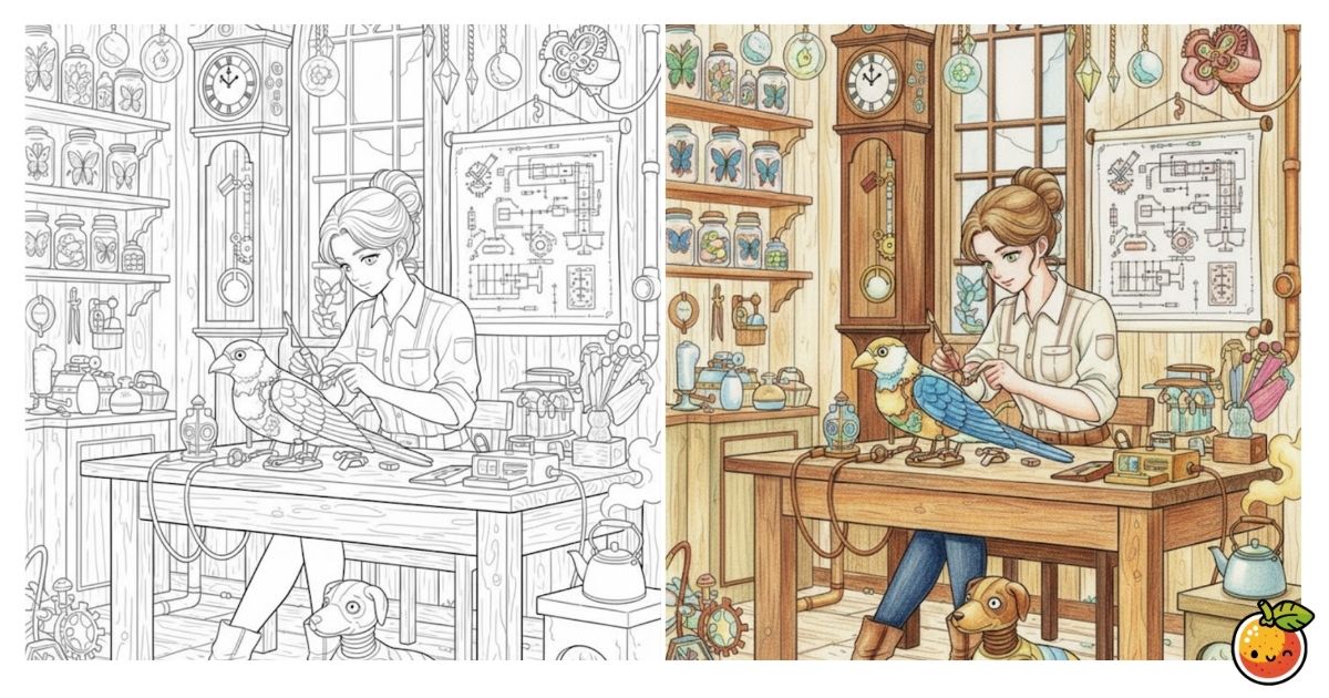 からくり職人の秘密工房の塗り絵（クラシカルアートの塗り絵）／Clockwork artisan’s secret workshop – classical art coloring page