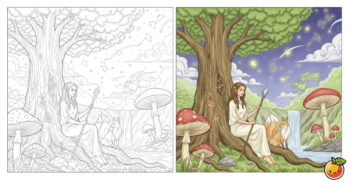 星降る森の魔法使いの塗り絵（クラシカルアートの塗り絵）／Wizard in the starlit forest – classical art coloring page