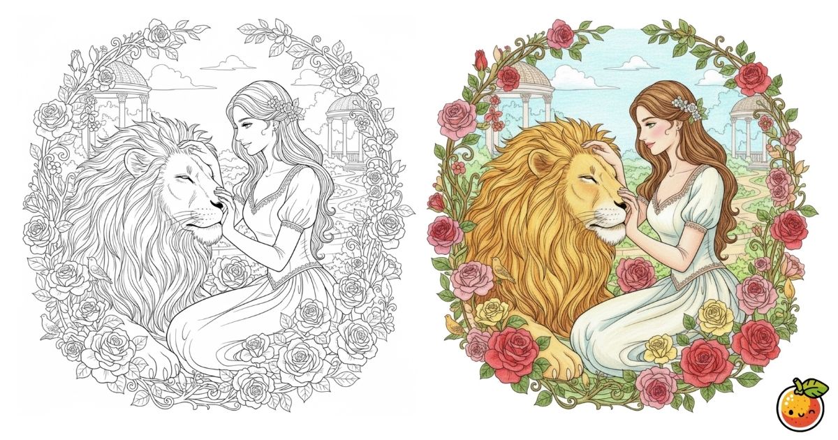 獅子と乙女の塗り絵（クラシカルアートの塗り絵）／Lion and maiden – classical art coloring page