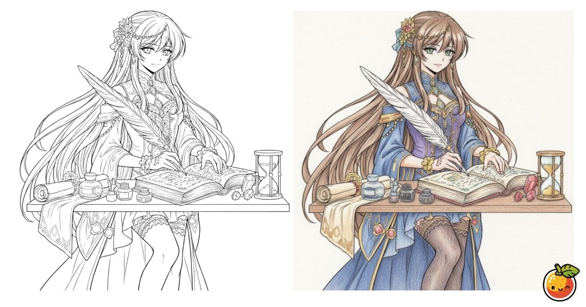 蒼の書記官の塗り絵（クラシカルアートの塗り絵）／Azure scribe – classical art coloring page