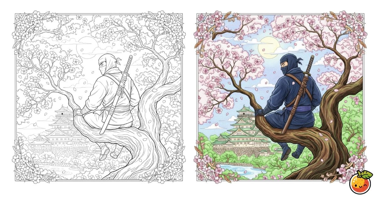 桜舞う城下にての塗り絵（クラシカルアートの塗り絵）／Cherry blossoms over the castle town – classical art coloring page