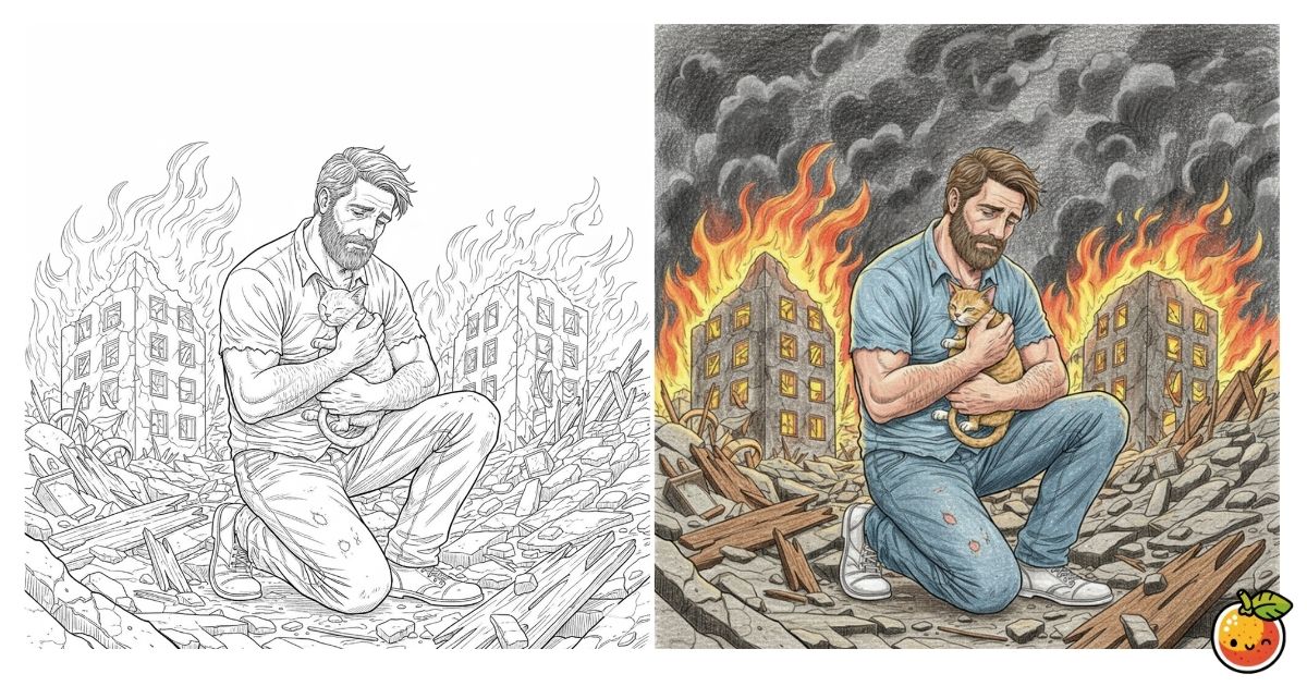 猫を助ける男性の塗り絵（災害現場の塗り絵）／Man rescuing a cat at a disaster site – coloring page