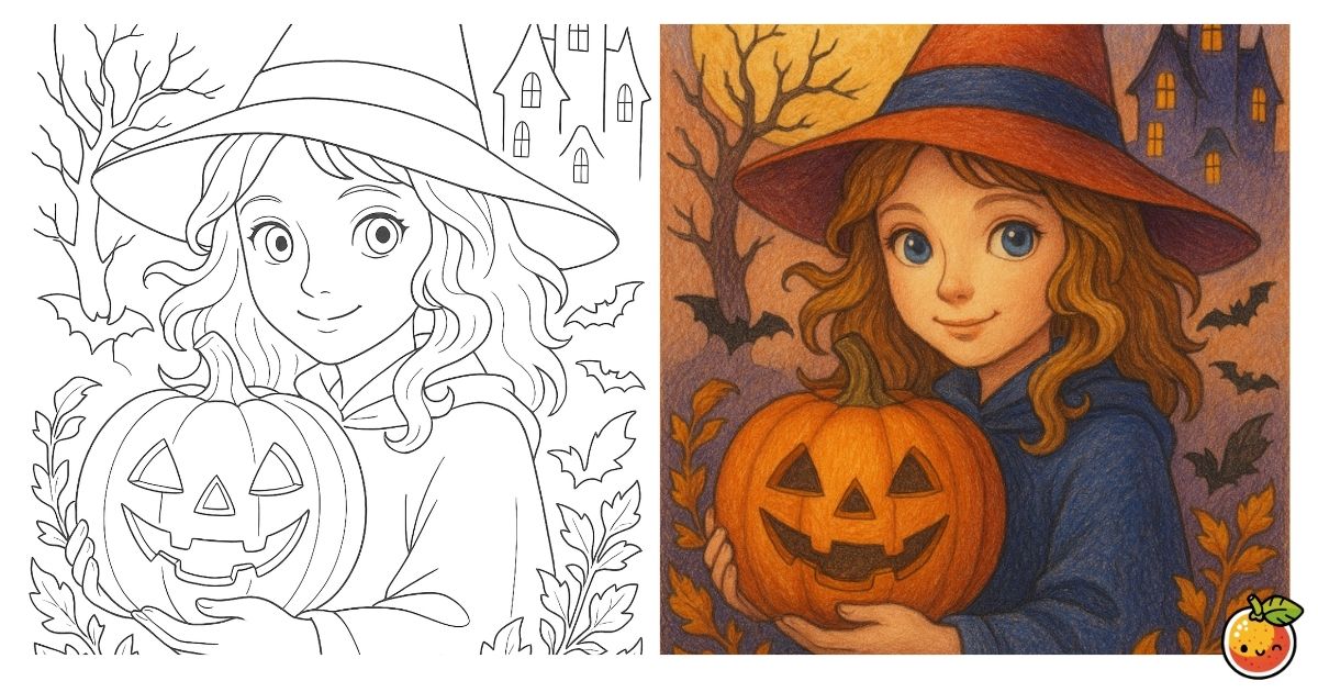 小さな魔女のハロウィンの塗り絵（ファンタジーの塗り絵）／Little witch’s Halloween – fantasy coloring page