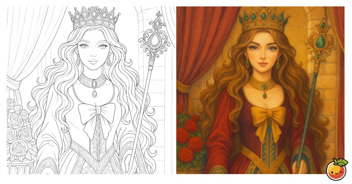 黄金の王冠を戴く女王の塗り絵（人物の塗り絵）／Queen wearing a golden crown – people coloring page