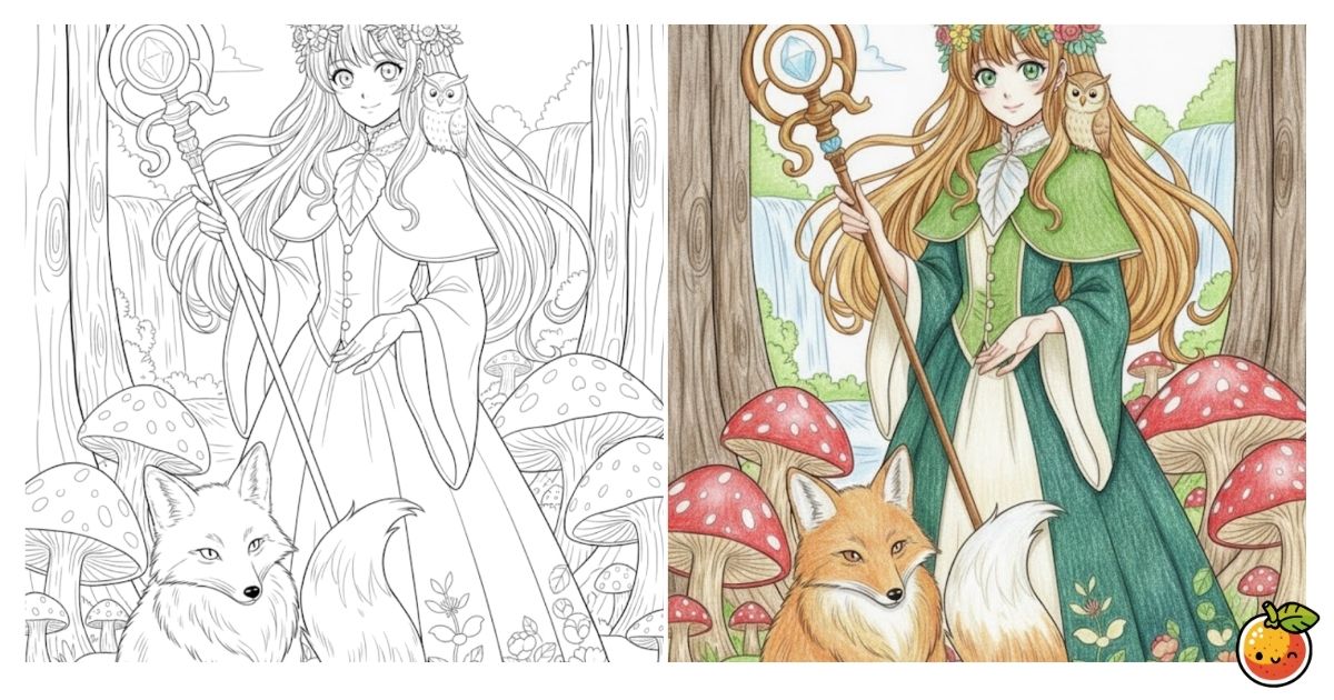 森の奥深く、魔法の杖を手にした少女と、忠実なキツネが並ぶ幻想的な塗り絵です。彼女の肩には小さなフクロウがとまり、周囲には妖精たちが舞い、静かな自然の調和を感じさせます。緑のマントと赤い花模様のドレスが優雅に調和し、豊かな自然と心を通わせる姿が印象的。背景の滝やキノコの森を柔らかなグラデーションで彩ることで、幻想と現実が溶け合うような神秘的な世界が広がります。自然を愛する人にぴったりの癒しの一枚です。