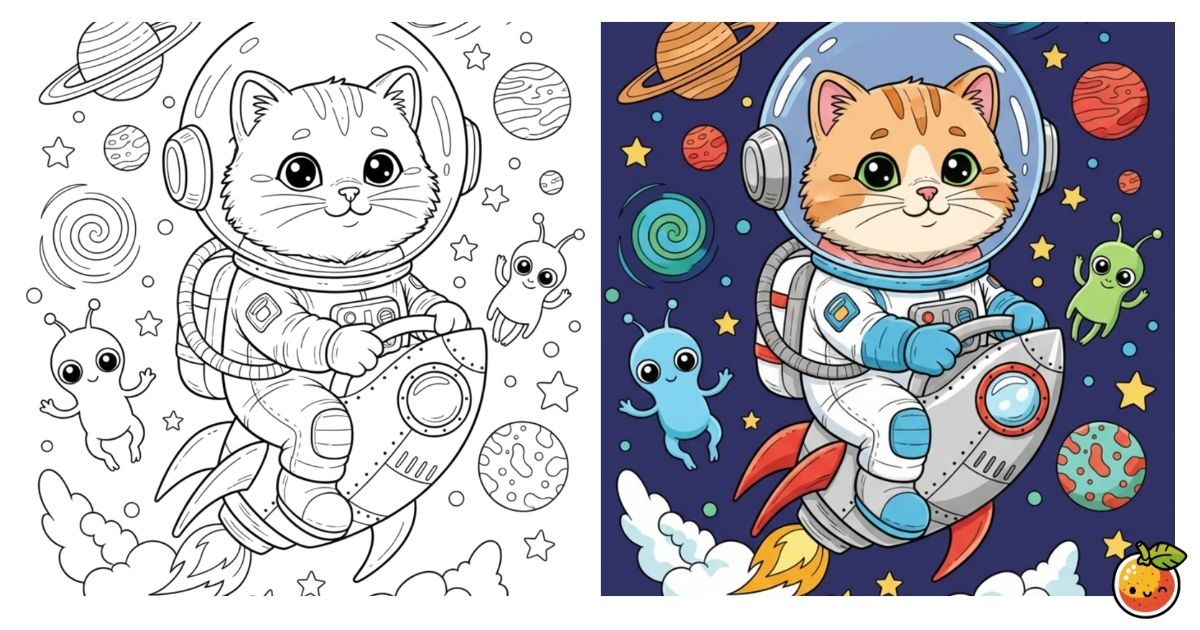にゃんこのスペーストリップの塗り絵（ファンタジーの塗り絵）／Space-traveling cat – fantasy coloring page