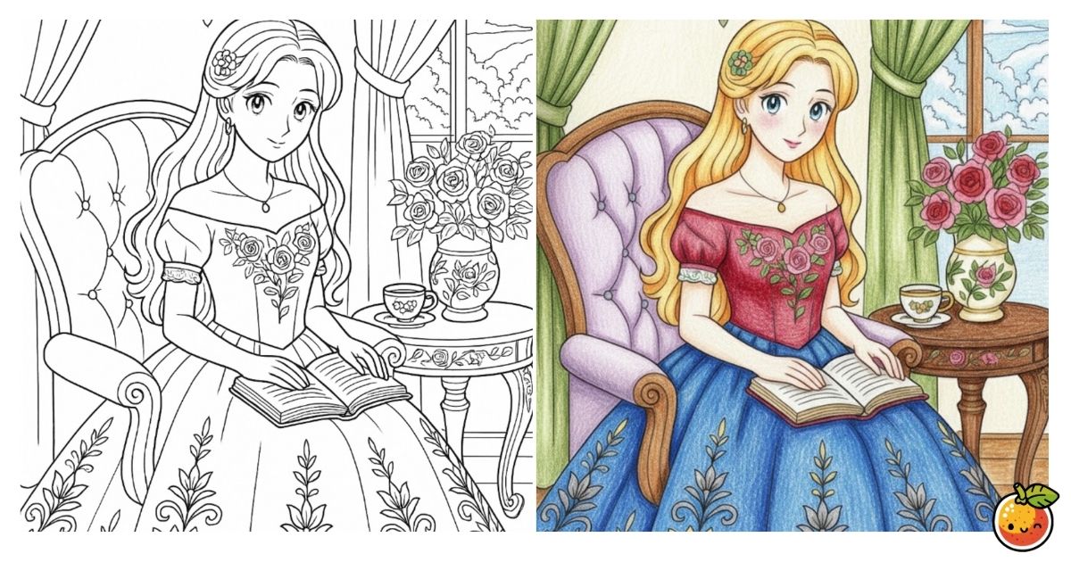 読書する貴婦人の塗り絵（人物の塗り絵）／Elegant lady reading a book – people coloring page