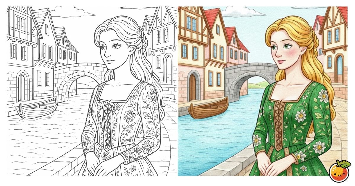 緑のドレスと石橋の街の塗り絵（人物の塗り絵）／Lady in a green dress by a stone bridge – people coloring page