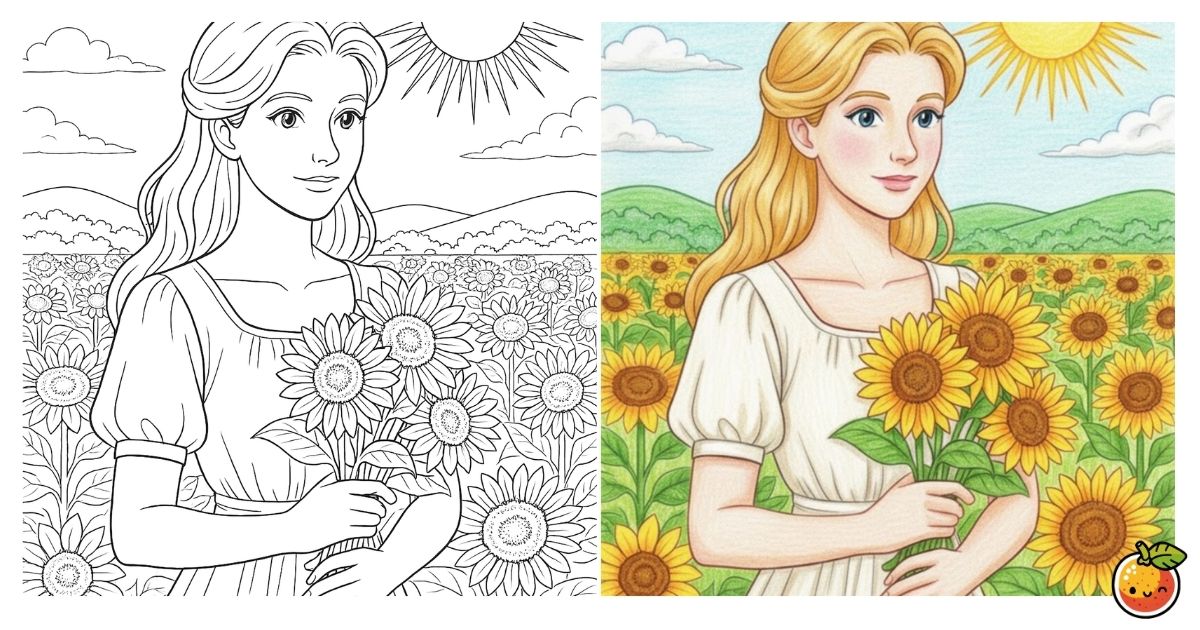 ひまわり畑の少女の塗り絵（植物と人物の塗り絵）／Girl in a sunflower field – flowers and people coloring page