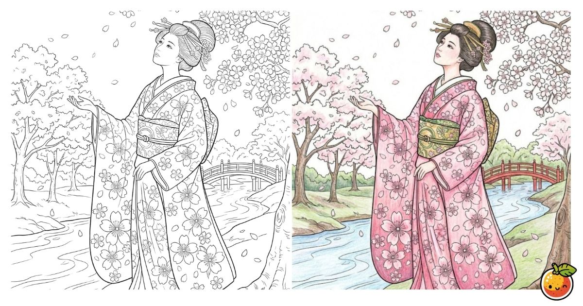 桜舞う春の調べの塗り絵（着物の塗り絵）／Melody of spring with dancing cherry blossoms – kimono coloring page