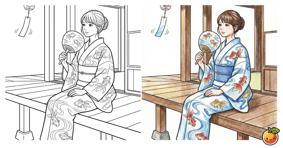 金魚揺らぐ夏の縁側の塗り絵（着物の塗り絵）／Goldfish swaying on a summer veranda – kimono coloring page