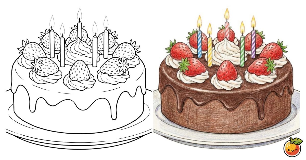 バースデーチョコレートケーキの塗り絵（スイーツの塗り絵）／Birthday chocolate cake – sweets coloring page