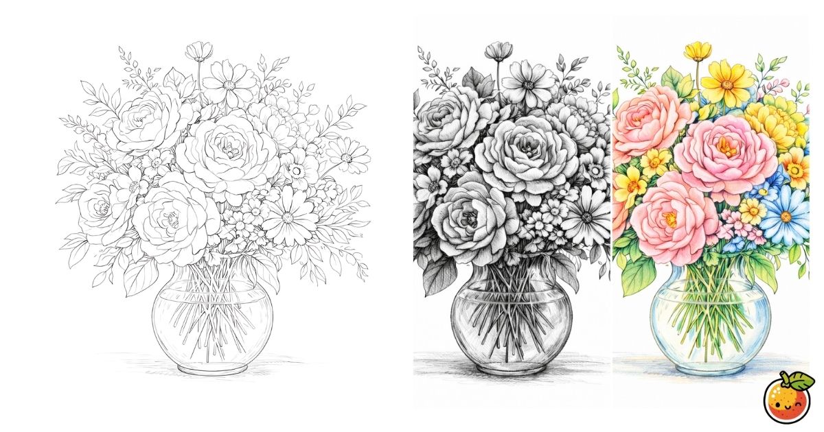 花瓶の花の鉛筆画風塗り絵／Flowers in a vase – pencil-style coloring page