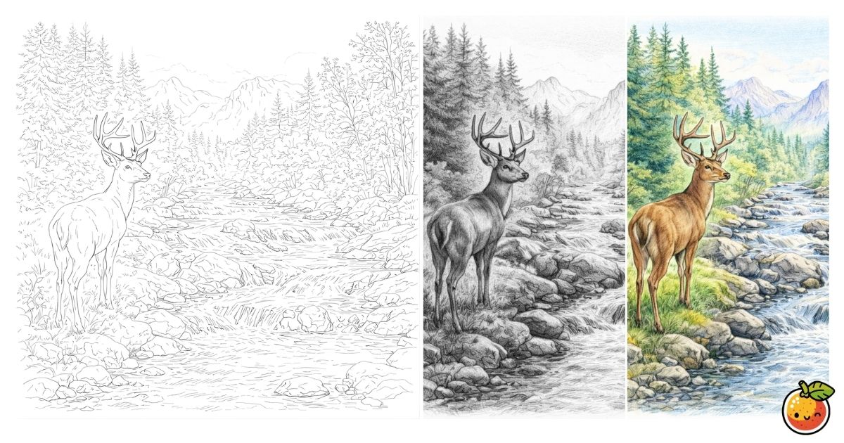 川辺に佇む鹿の鉛筆画風塗り絵／Deer standing by the riverside – pencil-style coloring page