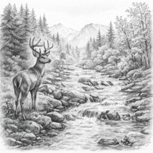 渓流の鹿