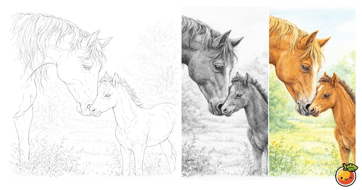 寄り添う馬の鉛筆画風塗り絵／Horses standing close together – pencil-style coloring page