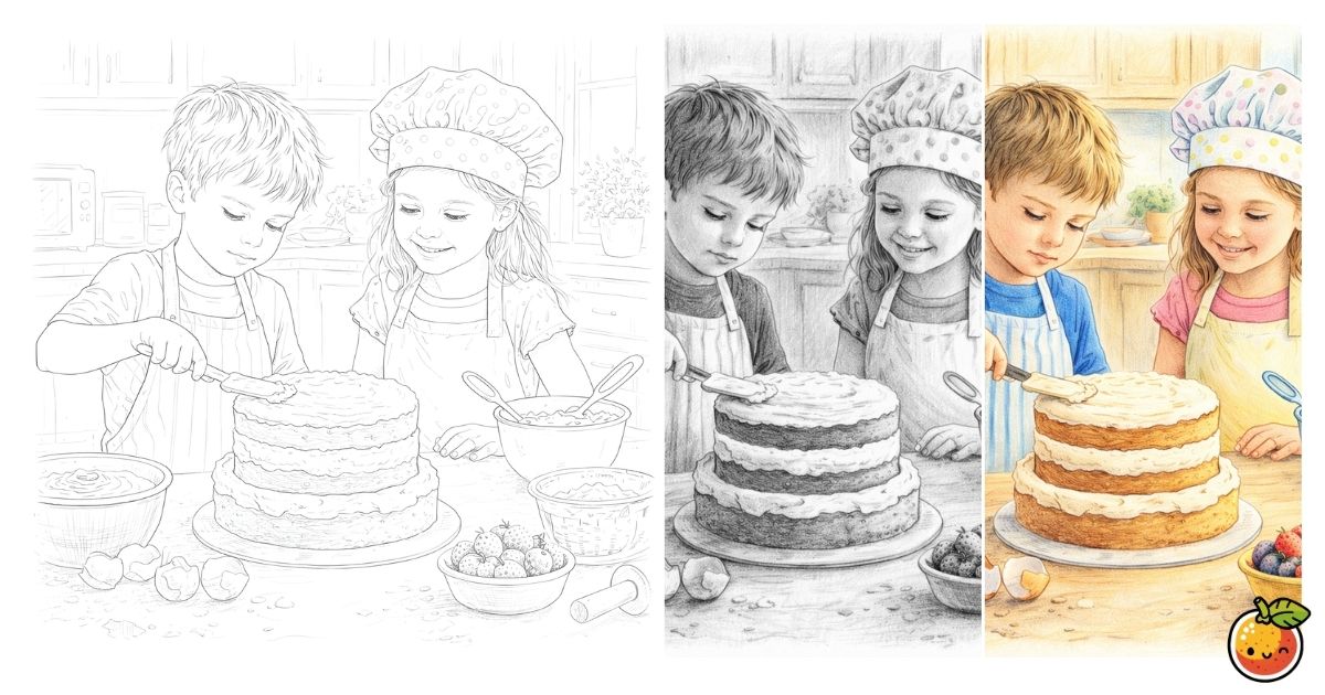 ふたりのケーキ作りの鉛筆画風塗り絵／Two people baking a cake – pencil-style coloring page