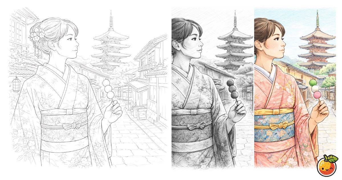 京都散策の鉛筆画風塗り絵／Strolling through Kyoto – pencil-style coloring page