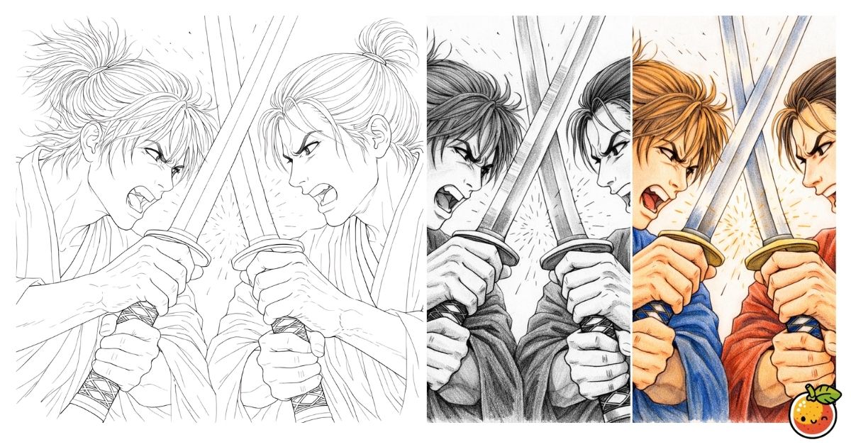 侍の鍔迫り合いの鉛筆画風塗り絵／Samurai sword clash – pencil-style coloring page
