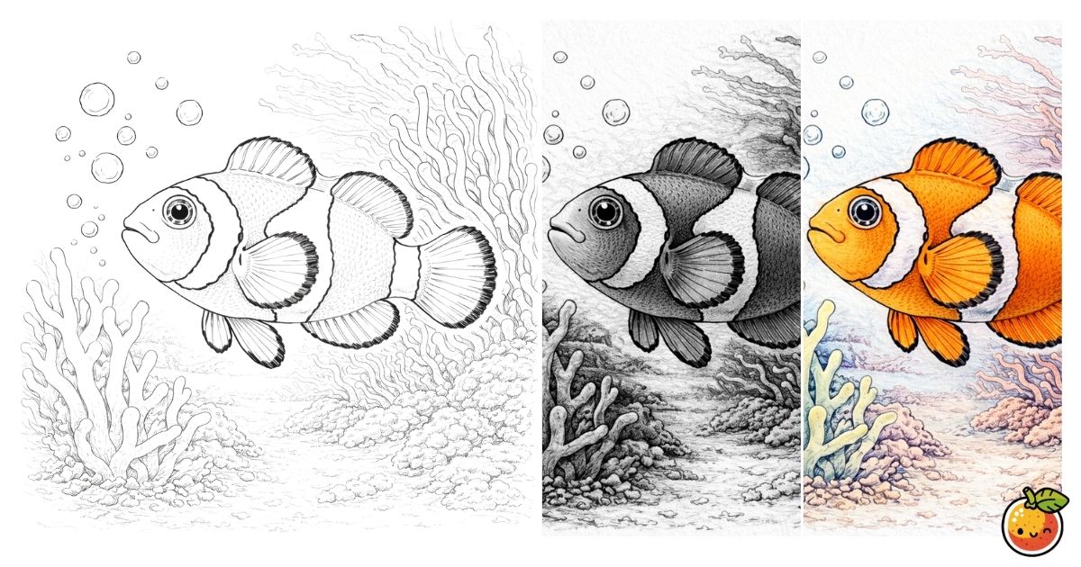 クマノミと珊瑚礁の鉛筆画風塗り絵／Clownfish and coral reef – pencil-style coloring page