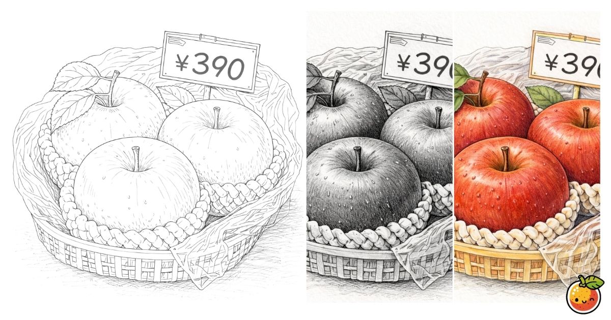 **リンゴのセールの鉛筆画風塗り絵／Apple sale display – pencil-style coloring page**