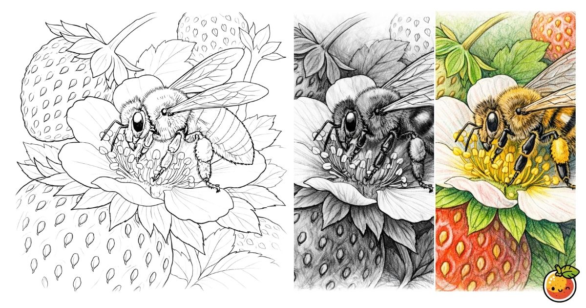 **いちごとミツバチの鉛筆画風塗り絵／Strawberries and a bee – pencil-style coloring page**