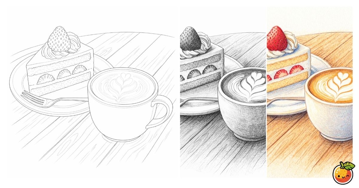 ラテとケーキの鉛筆画風塗り絵／Latte and cake – pencil-style coloring page