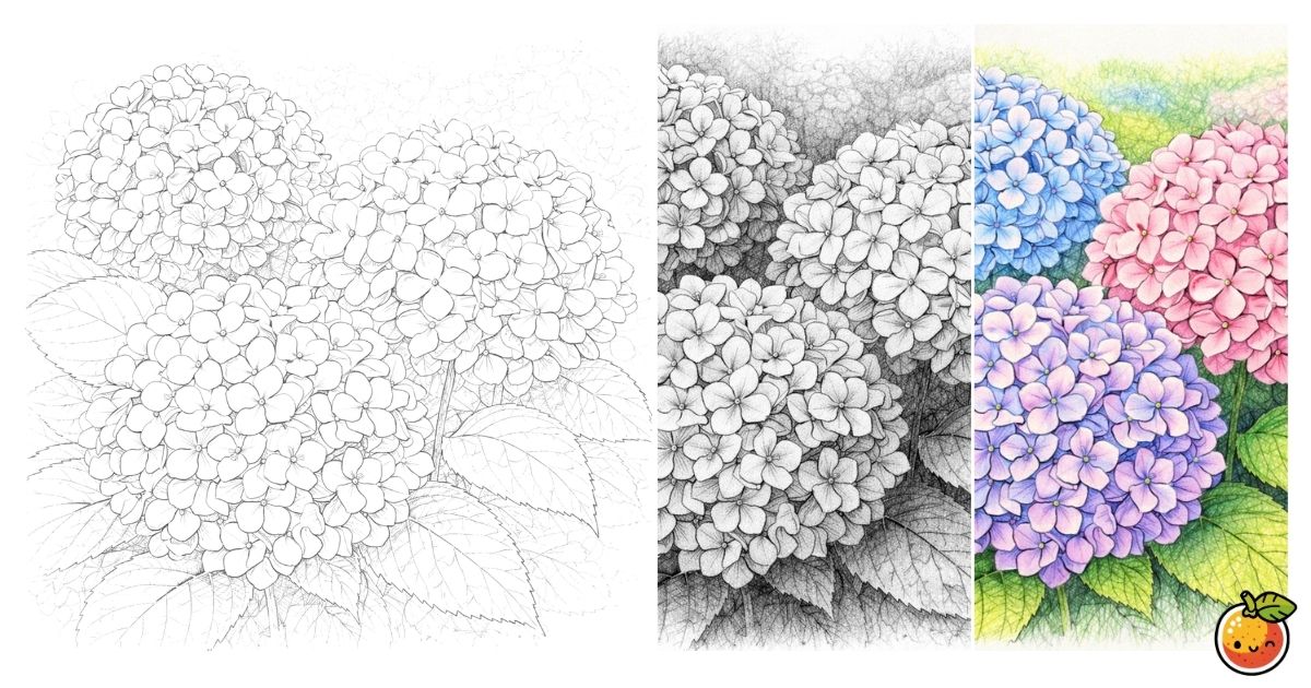 三色の紫陽花の鉛筆画風塗り絵／Three-colored hydrangeas – pencil-style coloring page